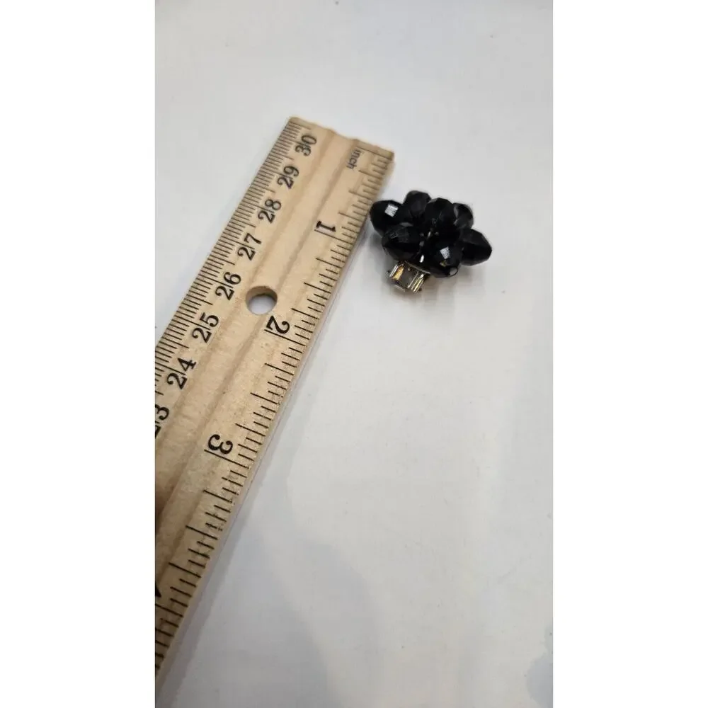 Vintage West Germany Black Acrylic Beaded Clip On Earrings Floral Flower